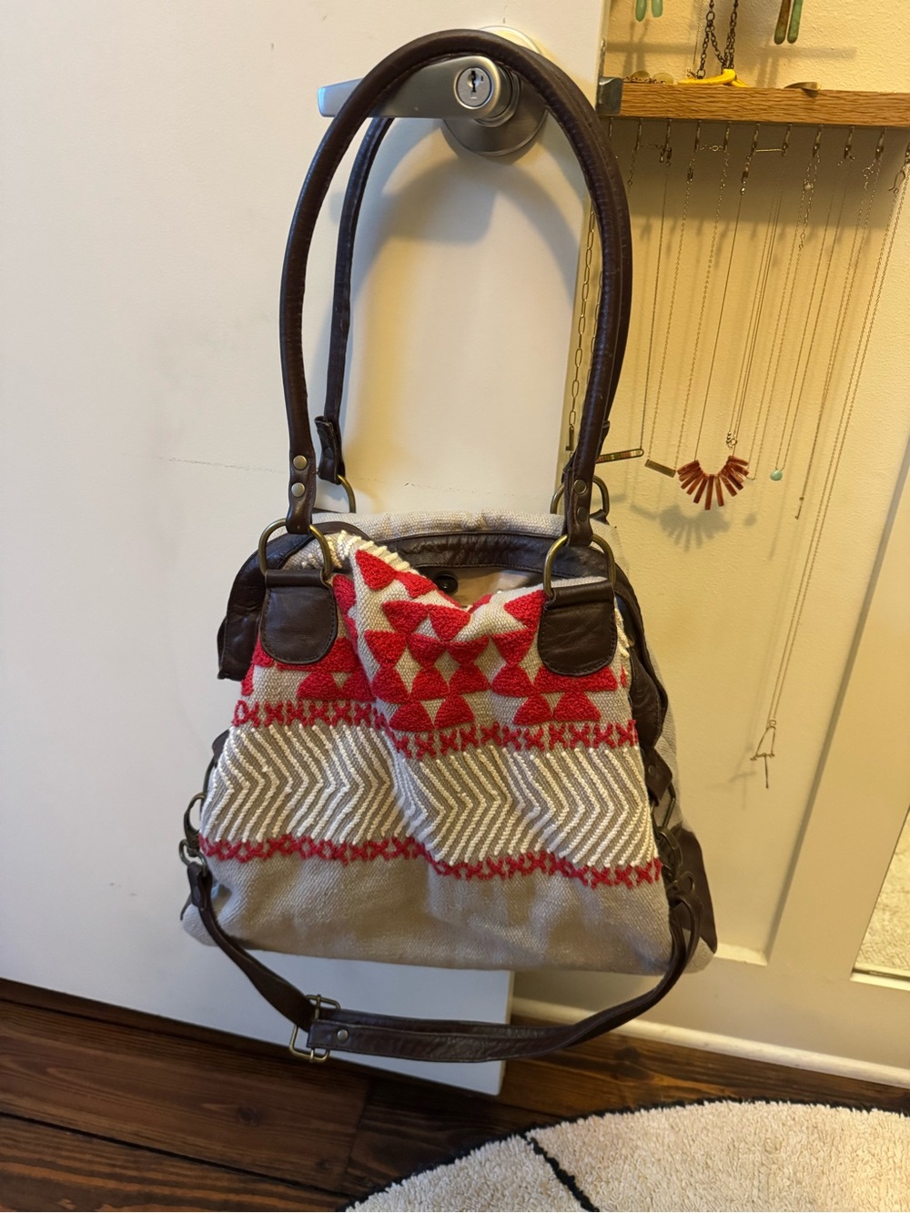 Anthropologie Red & Cream Woven Tote with Brown Trim